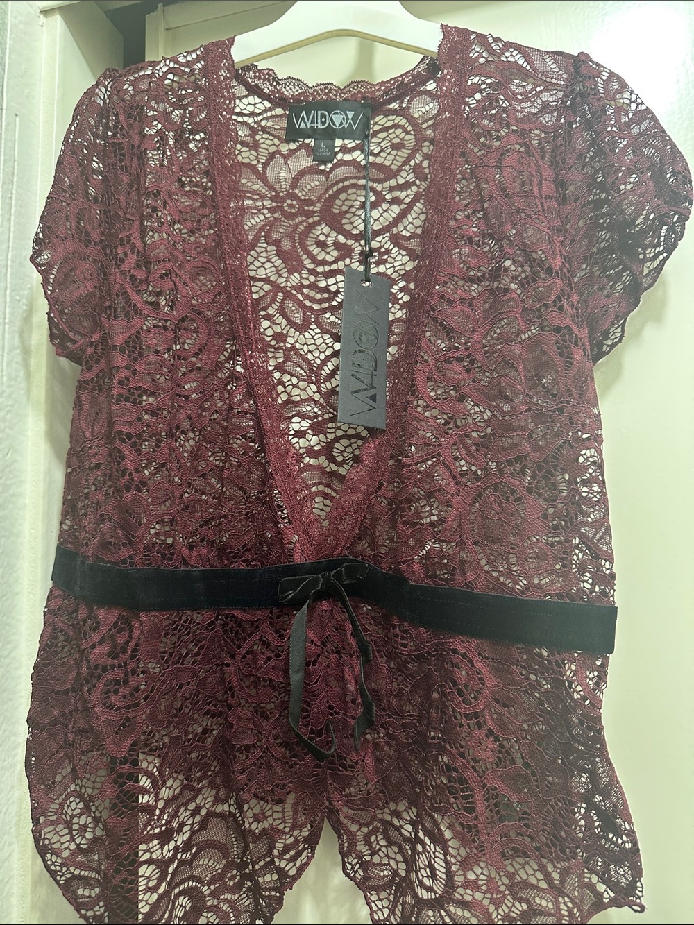 Burgundy Lace Short Sleeve Blouse with Black Velvet Belt